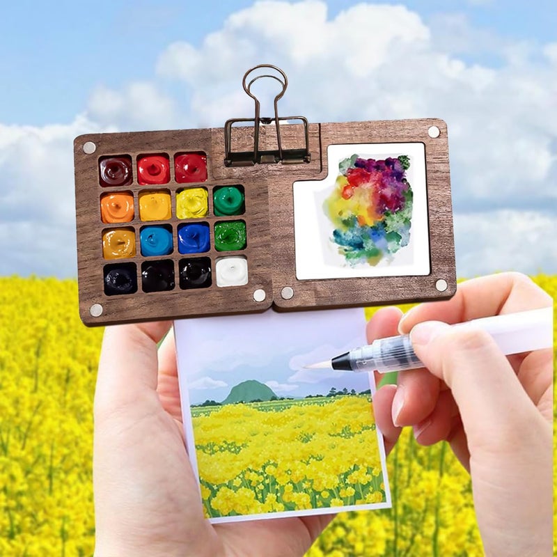 F'DIARY Mini Travel Watercolor Set Pocket Artist Watercolor Travel Set Grid Palette Box Sketch Book Brush Pens With Binder Clips For Painters Artists Students - Image 4